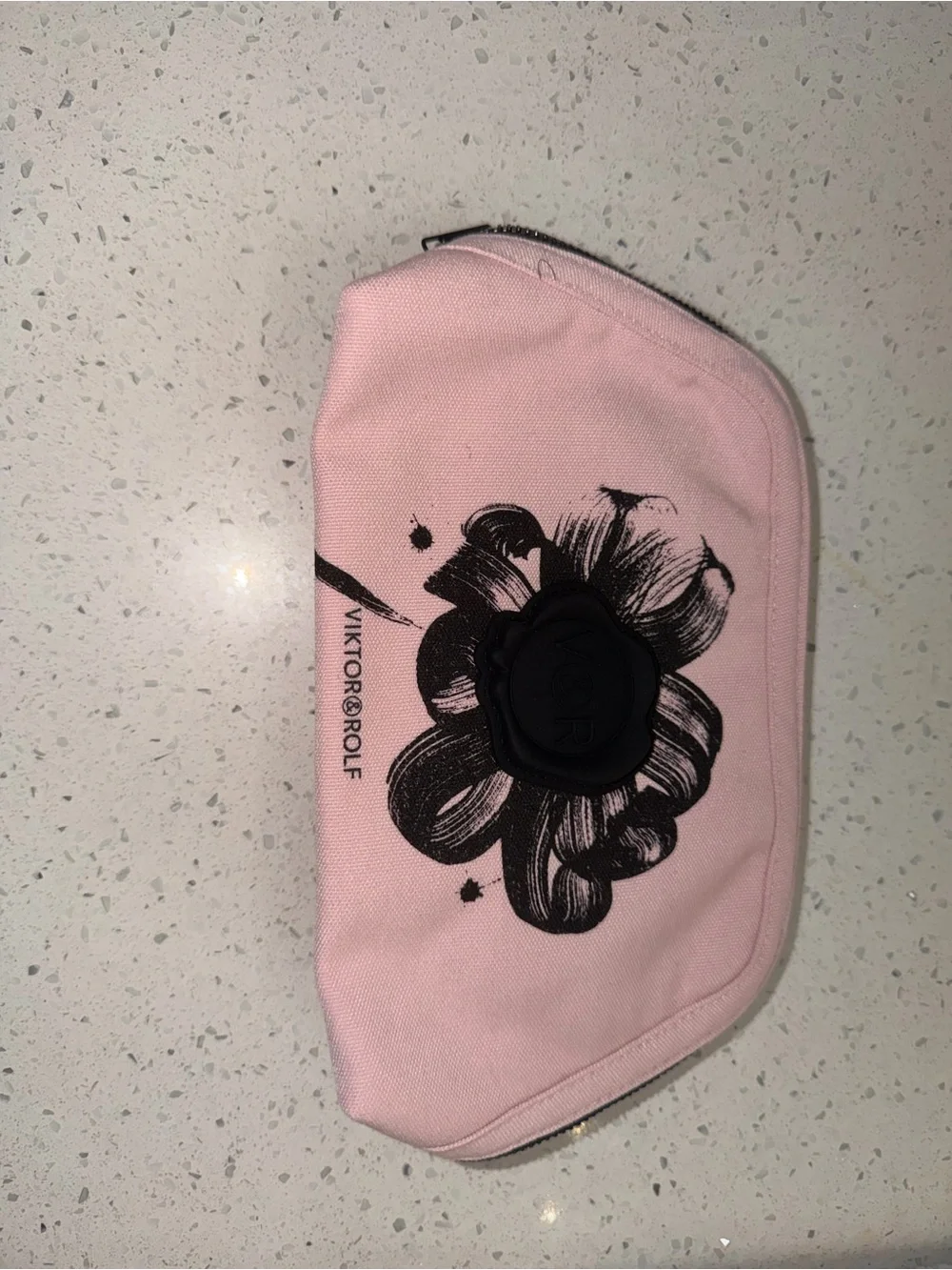 Viktor & Rolf Pink Canvas Pouch with Black Floral Emblem